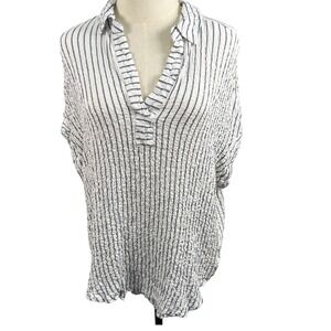 V Neck Striped Crinkle Gauze 1X Tunic Top Navy White High Low Blouse Nautical